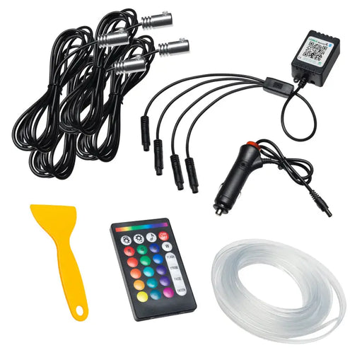 Close up of fiber optic LED interior kit with remote control and yellow handle cable.