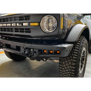 Black Jeep with LED fog light kit for Bronco Steel Bumper.