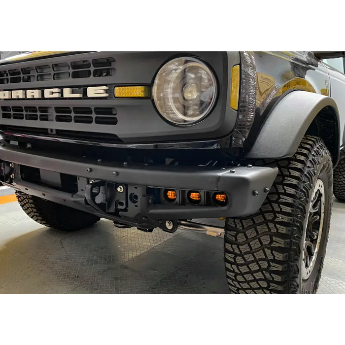 Black Jeep with LED fog light kit for Bronco Steel Bumper.