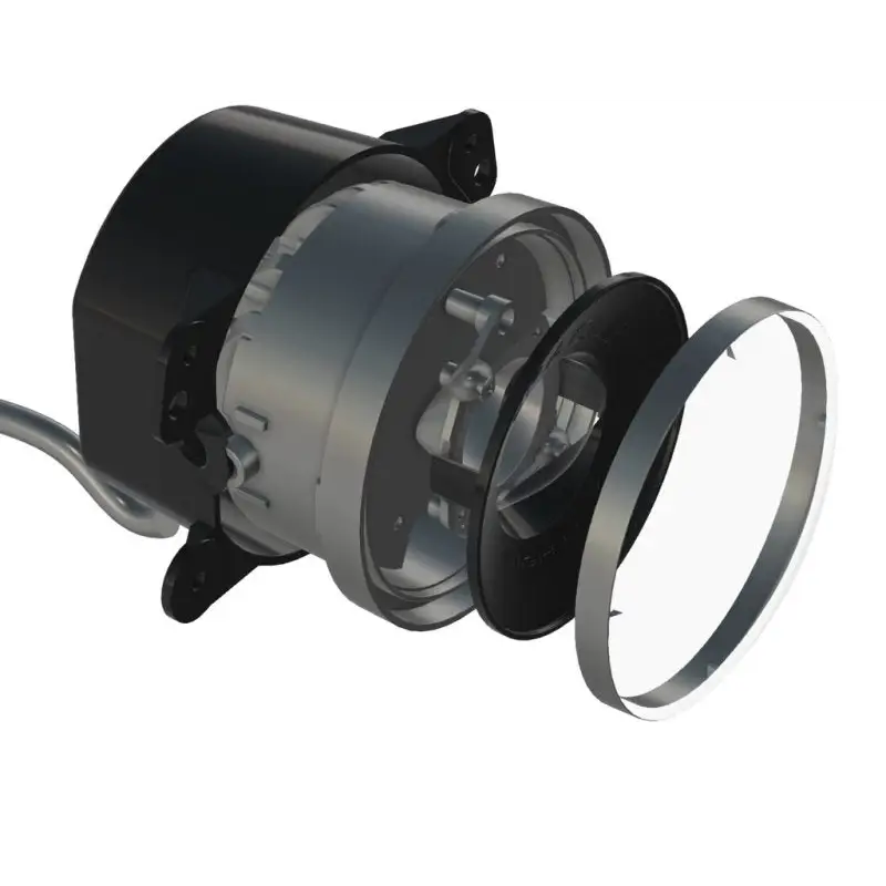 Black and white photo of a high performance LED fog light lens for Oracle Jeep Wrangler.