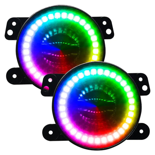 ColorSHIFT LED fog lights for Oracle Jeep Wrangler with colorful lens shown for Harley motorcycle