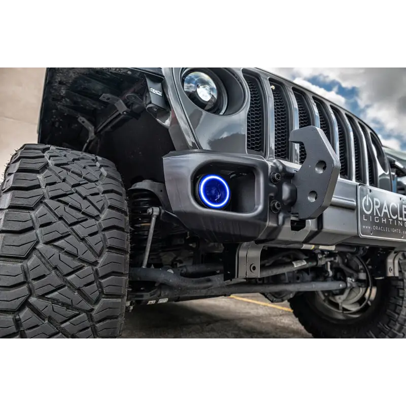 Blue LED fog lights on Oracle Jeep Wrangler JK/JL/JT, high performance with ColorSHIFT.