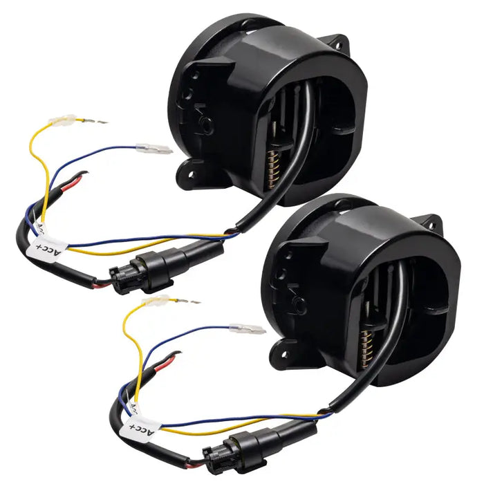 Pair of black motorcycle speakers with wires and wires featured in Oracle Jeep Wrangler JK/JL/JT High Performance W LED Fog Lights - White