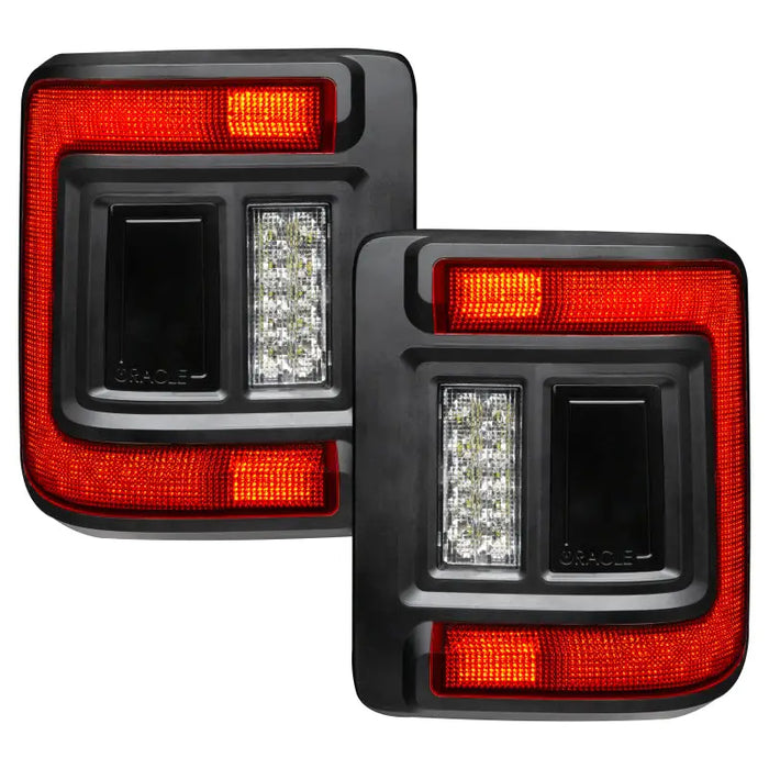 Pair of black LED tail lights for 2007-2013 Ford F250 displayed in Oracle Jeep Wrangler JL LED Flush Mount Tail Light.