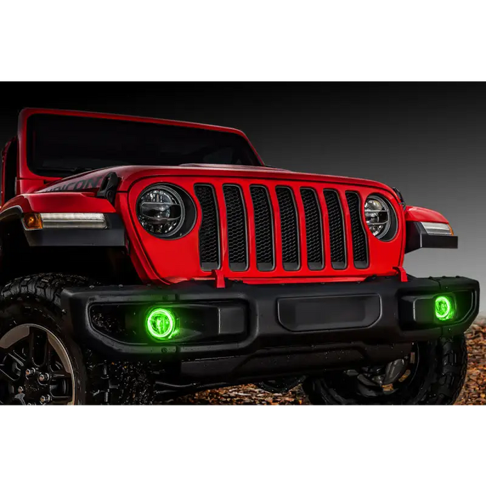 Red Jeep with green LED fog light halo kit, Oracle Jeep Wrangler JL/Gladiator JT ColorSHIFT.