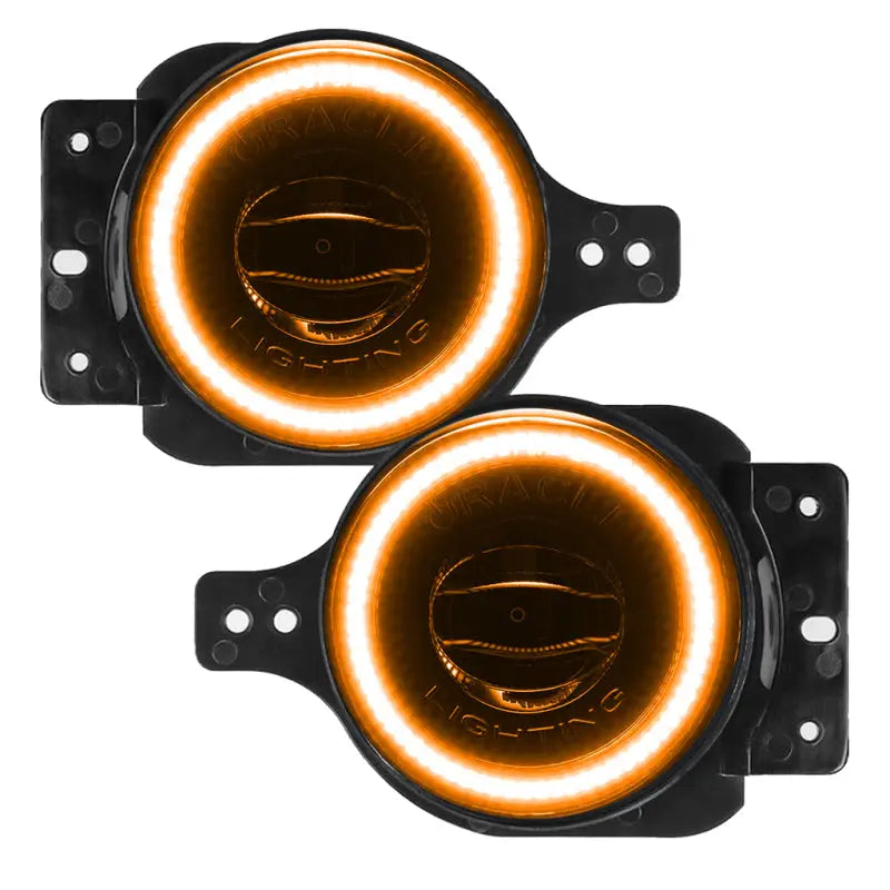 Pair of orange LED fog lights for Oracle Jeep Wrangler Sport High Performance model.