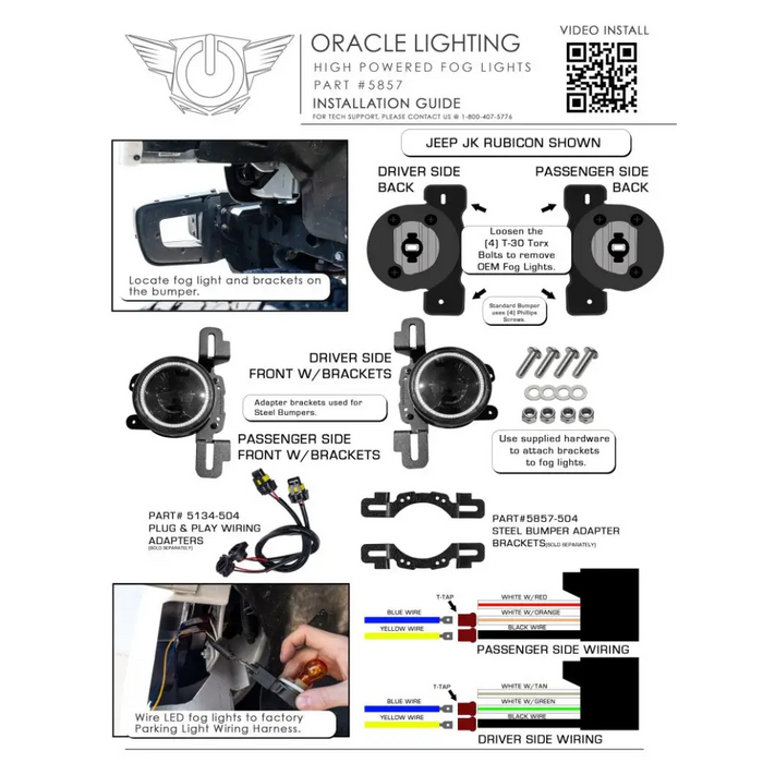 Front end assembly diagram for Oracle LED fog lights adapter brackets on Jeep Wrangler.