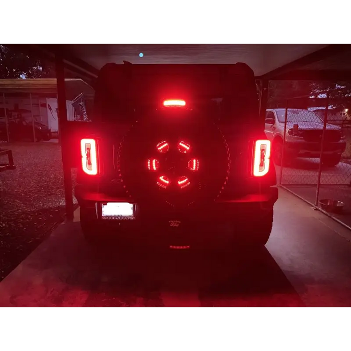 Rear end of truck with red 3rd brake light LEDs.