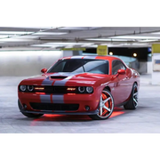 Red Dodge Challenger with Black Stripe featuring Oracle LED Illuminated Wheel Rings - ColorSHIFT.