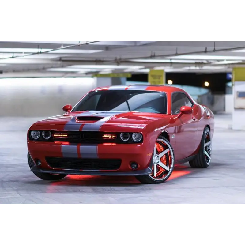 Red Dodge Challenger with Black Stripe featuring Oracle LED Illuminated Wheel Rings - ColorSHIFT.