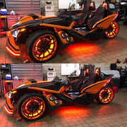 Close up of Oracle LED Illuminated Wheel Rings with orange wheels.