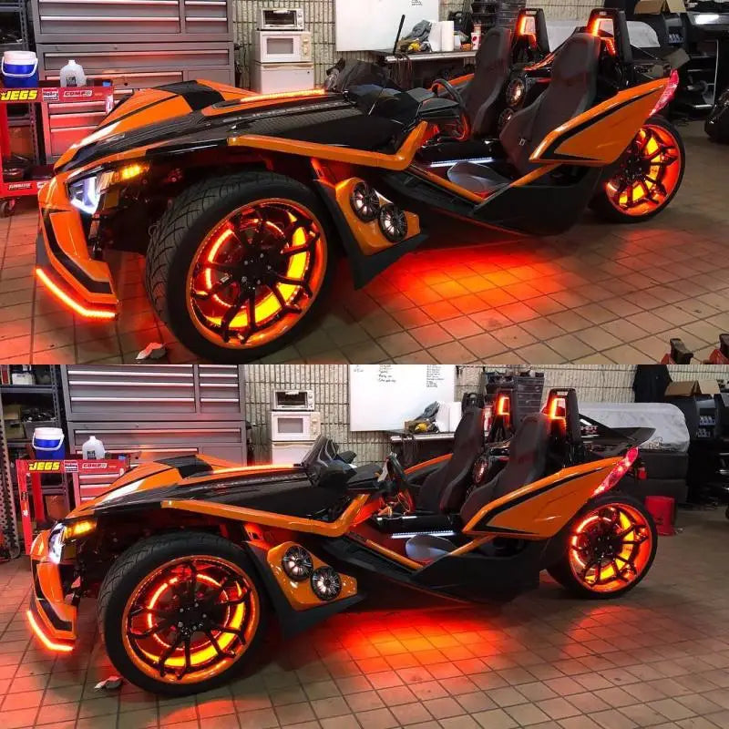 Close up of Oracle LED Illuminated Wheel Rings with orange wheels.