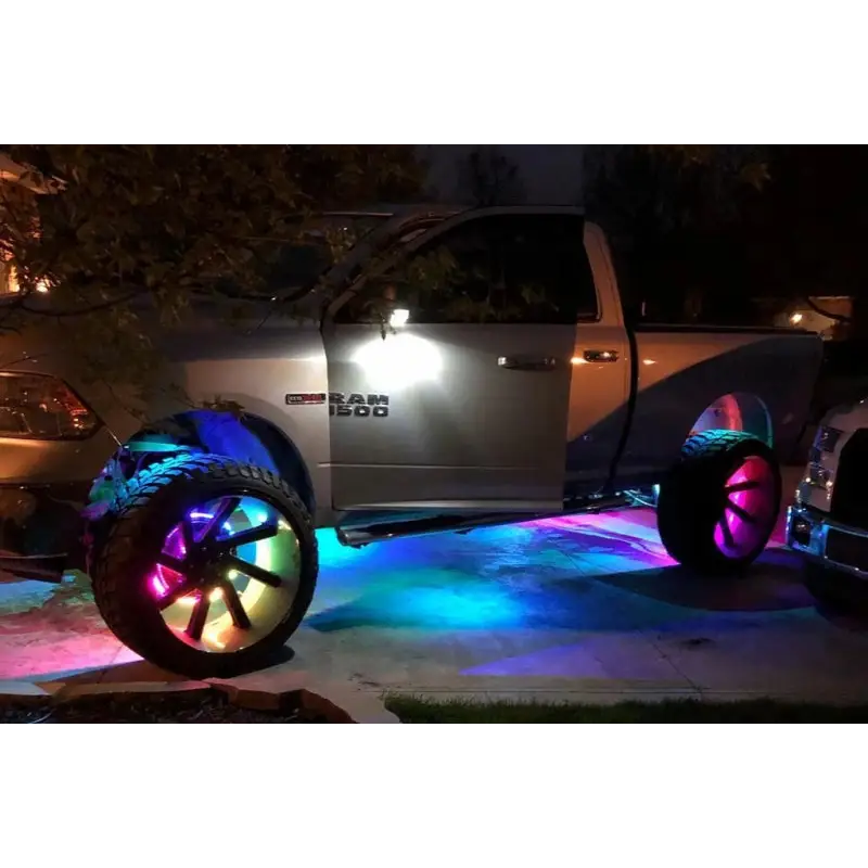 Truck with LED wheel rings lit up in ColorSHIFT Dynamic mode.