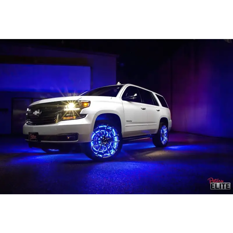 White Chevy Suburban with Blue LED Wheel Rings - Oracle LED Illuminated Wheel Rings ColorSHIFT No Remote