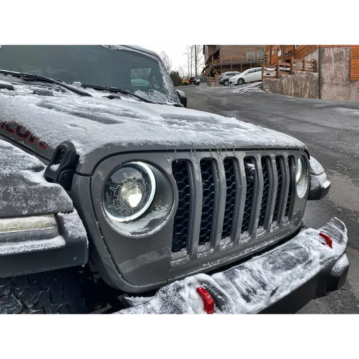 Oracle Lighting Bi-LED Projector Headlights on Jeep Wrangler with Snow on Hood.