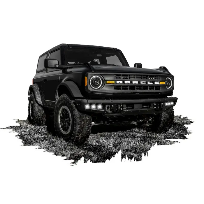 Black truck featuring ORACLE Lighting 21-22 Ford Bronco Triple LED Fog Light Kit for Steel Bumper - White.