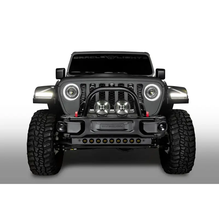 Oracle Lighting Auxiliary Lights front bumper for Jeep Wrangler with beam pattern.