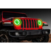 Red Jeep with green LED halo kit displayed in ORACLE Lighting Jeep Wrangler JL/Gladiator JT.