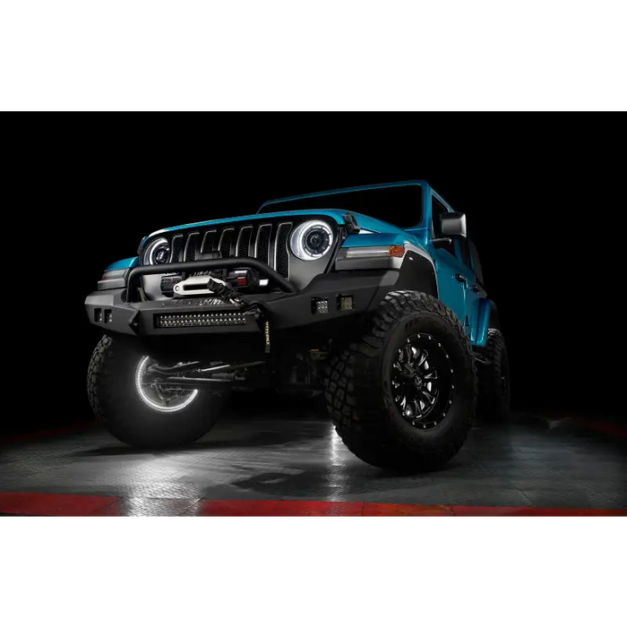 Close up of blue Jeep with ORACLE Lighting LED Illuminated Wheel Rings - ColorSHIFT RGB+W