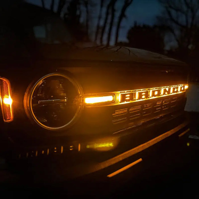 LED letter badges illuminated on car at night.