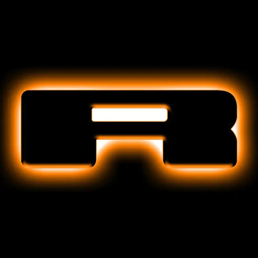 LED letter badge with glowing orange letter f on black background