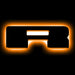 LED letter badge with glowing orange letter f on black background