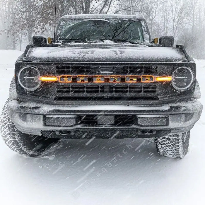 Truck parked in snow with LED letter badges.