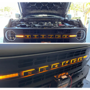 Matte black LED letter badges on front end of open hood black car.