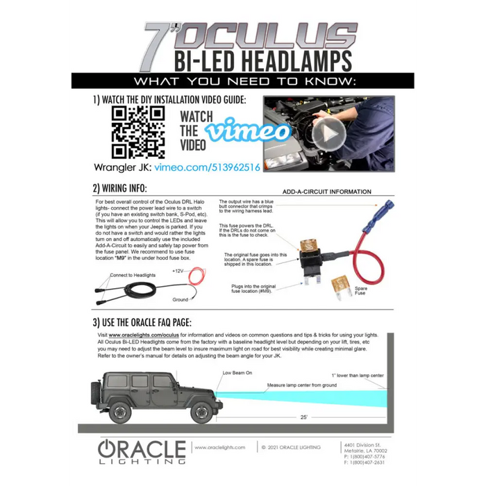 Wiring diagram for 7-inch trailer on Oracle Oculus Bi-LED Projector Headlights for Jeep Wrangler JK.