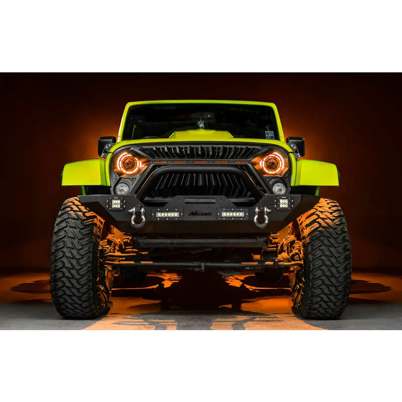 Bright yellow front bumper on Jeep Wrangler JK with ColorSHIFT projector headlights