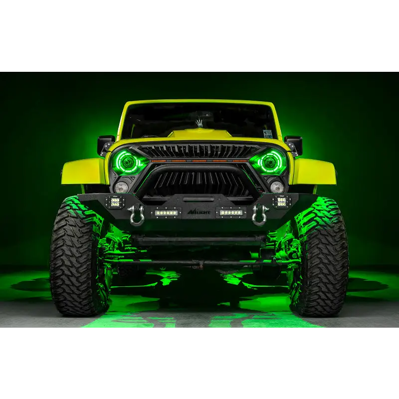 Yellow Jeep Wrangler JK with Green Halo Ring RGB+W ColorSHIFT Lights