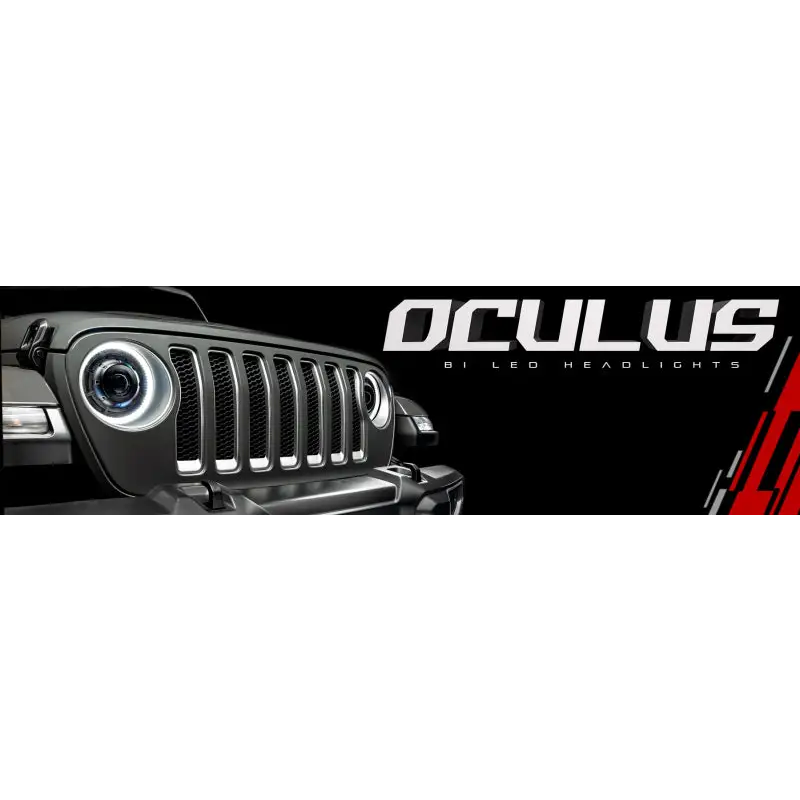 Black Jeep with ’CUS’ logo on Oracle Oculus Bi-LED Projector Headlights for Jeep JL/Gladiator JT - Graphite Metallic