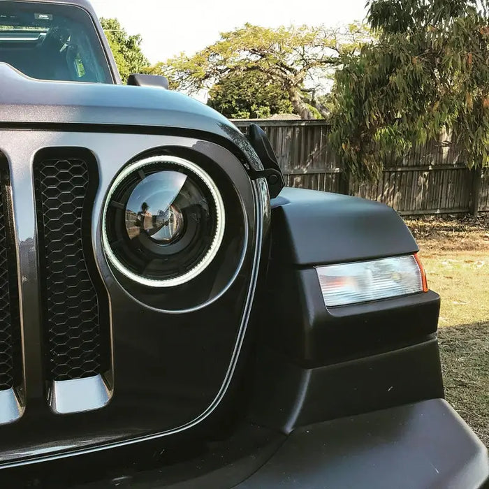 Matte black Jeep JL Gladiator grill with oculus bi led projector headlights