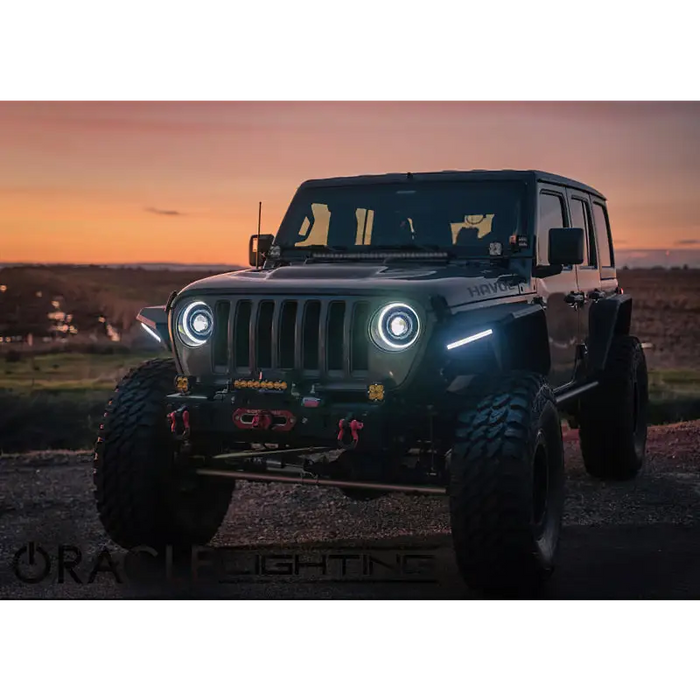 Oracle Oculus Bi-LED Projector Headlights for Jeep JL/Gladiator JT - Matte Black - 5500K side view with light on.