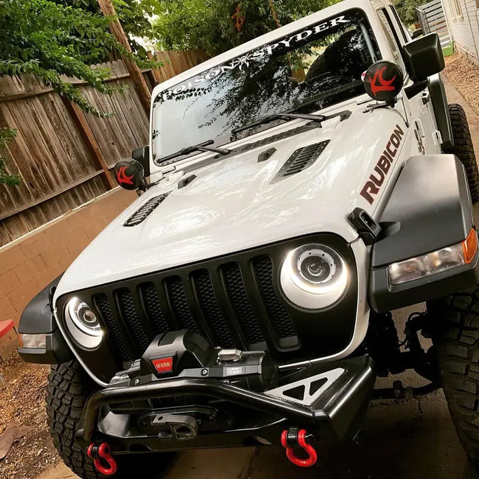 White Jeep with Black Bumper and Red Lights - Oracle Oculus Bi-LED Projector Headlights for Jeep JL/Gladiator JT