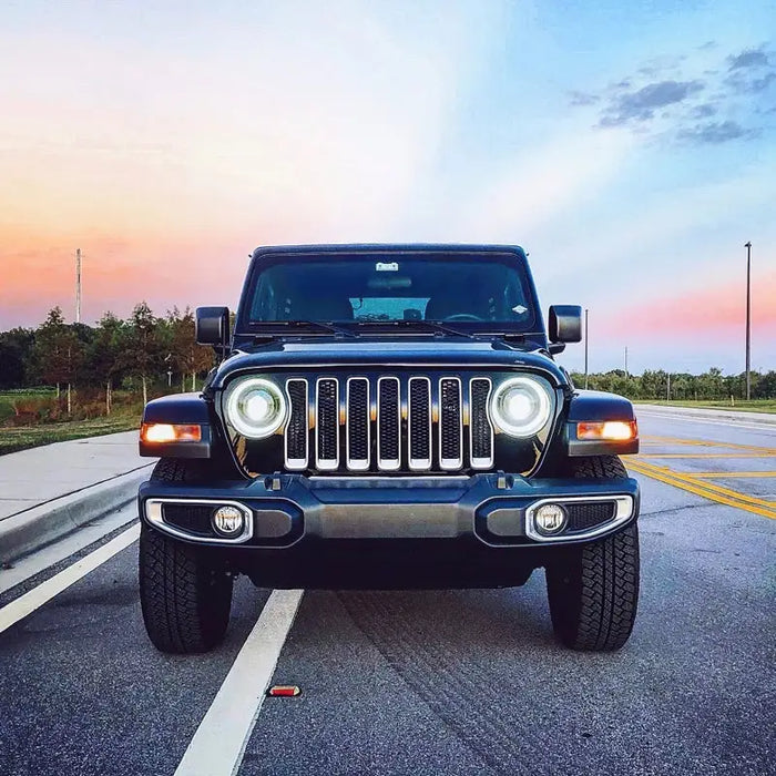 Oracle Oculus Bi-LED Projector Headlights for Jeep JL/Gladiator JT - Matte Black - 5500K on Jeep parked on side of road