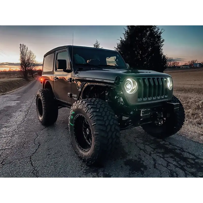 Oracle Oculus Bi-LED Projector Headlights for Jeep JL/Gladiator JT - Matte Black - 5500K, featuring a jeep with a light on its