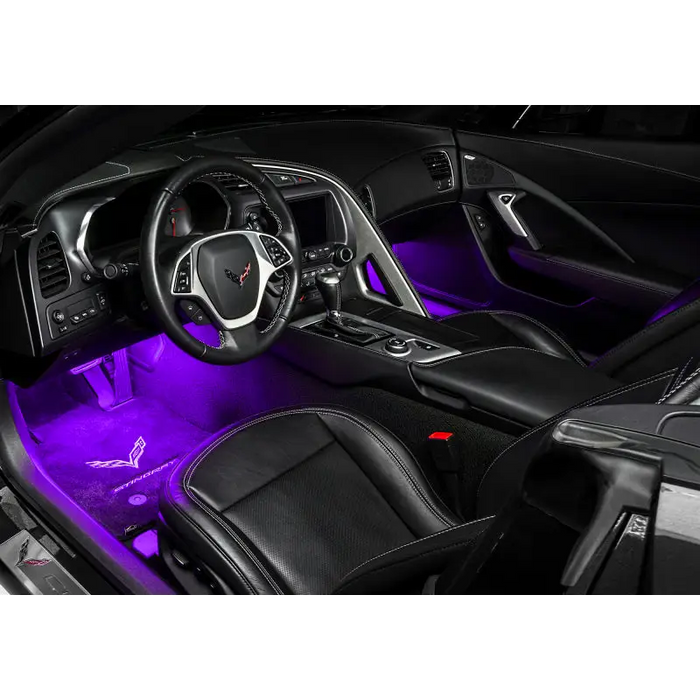 Interior of a car illuminated with purple lighting showcasing Oracle Pair 15in LED Strips Retail Pack - RGB ColorSHIFT.