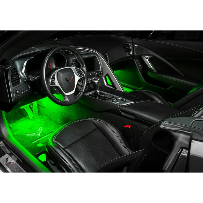 Oracle Pair 15in LED Strips Retail Pack - RGB ColorSHIFT flexible strip for car interior with green lights.