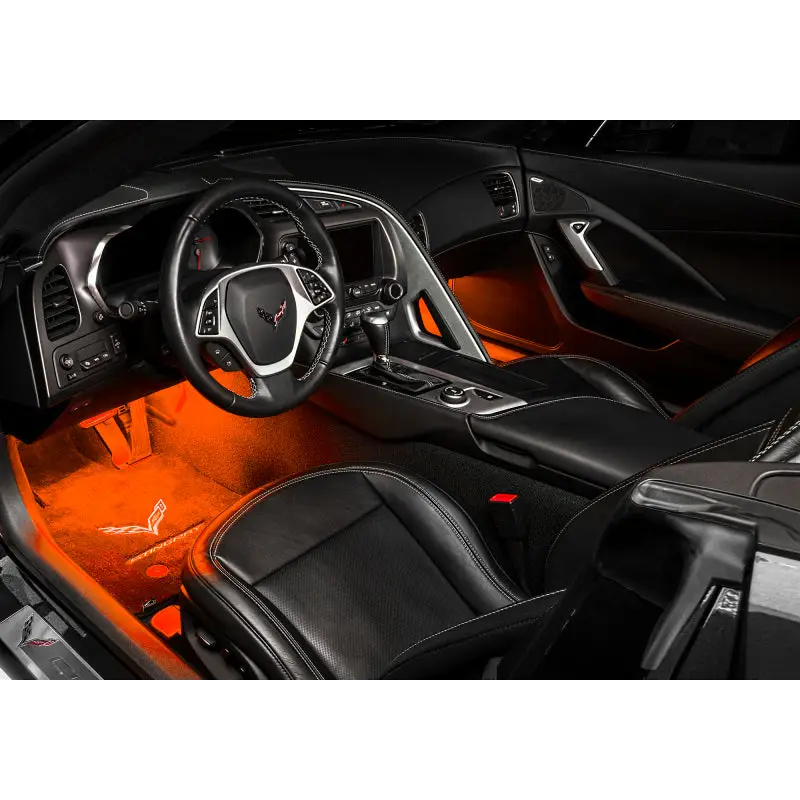 Orange leather seats in car interior illuminated by Oracle Pair 15in LED Strips Retail Pack - RGB ColorSHIFT.