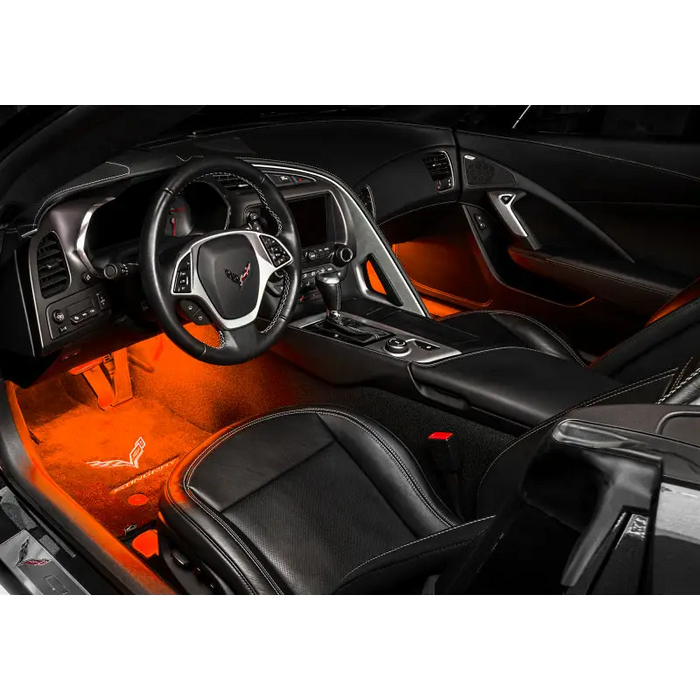 Orange leather seats in car interior illuminated by Oracle Pair 15in LED Strips Retail Pack - RGB ColorSHIFT.