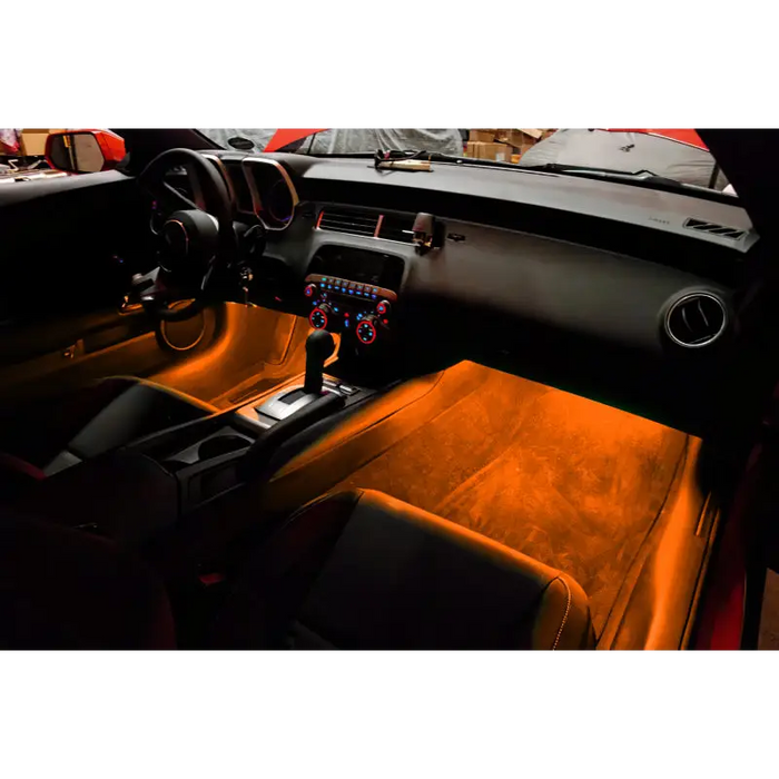 Interior of a car with the Oracle Pair 15in LED Strips Retail Pack - RGB ColorSHIFT, showcasing red light.