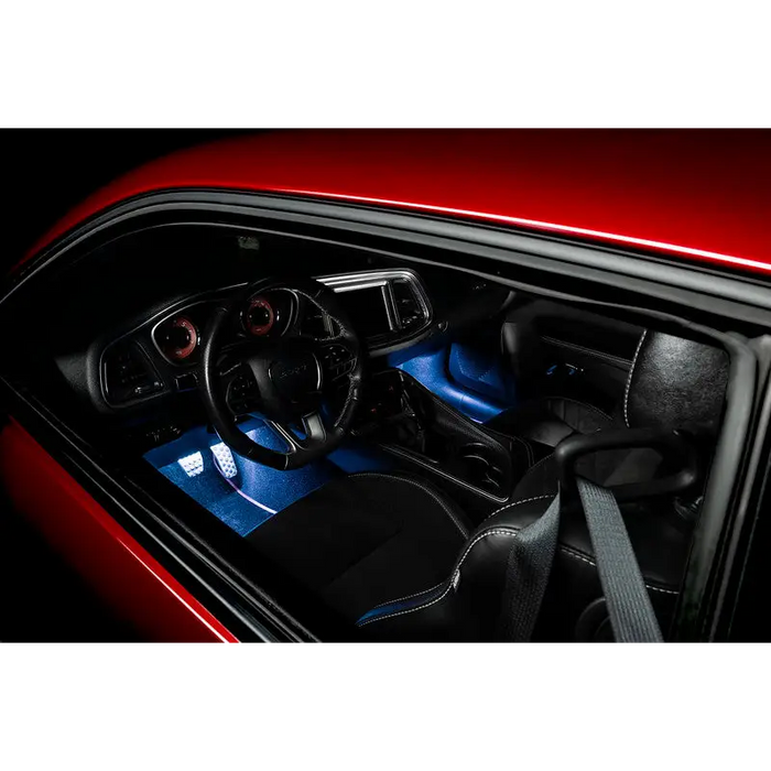 Interior view of red car with Oracle Pair 15in LED Strips Retail Pack - RGB ColorSHIFT.