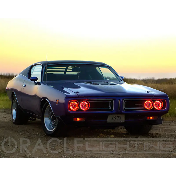 Blue car parked on dirt road featuring Oracle Pre-Installed Lights 5.75 IN. Sealed Beam - ColorSHIFT Halo.