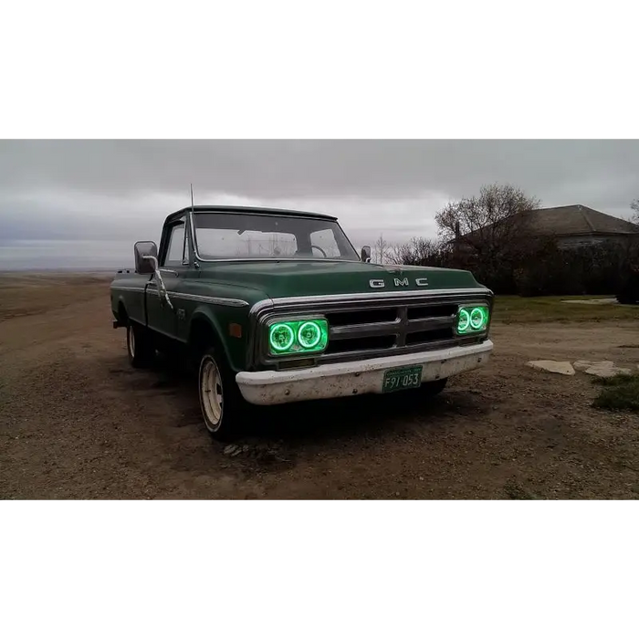 Green truck with ColorSHIFT halo sealed beam lights from Oracle