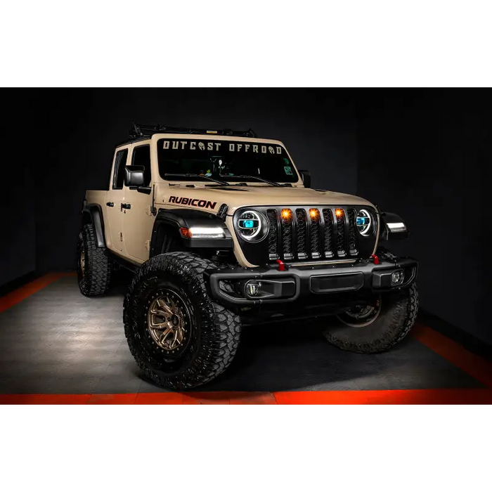 Beige Jeep with black and white stripe LED pre runner style grille kit for Jeep Gladiator JT - Amber