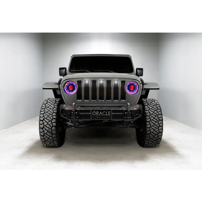 Oracle Pre-Runner Style LED Grille Kit for Jeep Gladiator JT featuring black bumper and red LED accessory