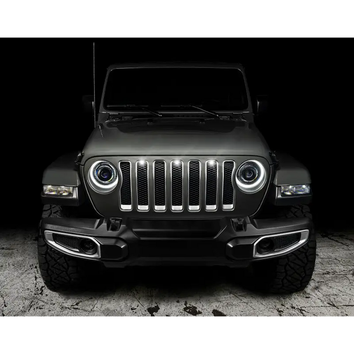 Close-up of Oracle Pre-Runner Style LED Grille Kit for Jeep Gladiator JT against black background.