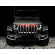 Oracle Pre-Runner Style LED Grille Kit for Jeep Wrangler JL - Red, featuring a jeep with red LEDs on the front bumper
