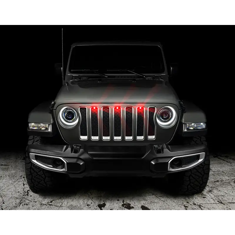Oracle Pre-Runner Style LED Grille Kit for Jeep Wrangler JL - Red, featuring a jeep with red LEDs on the front bumper